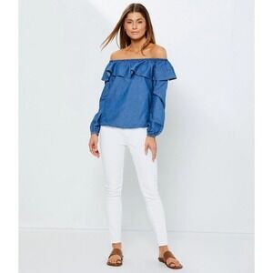 Michael Kors‎ Off Shoulder Ruffle Long Sleeve Top Chambray Blue Size PS NWT $98
